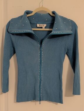 D&Y Sky Blue Ribbed Zip Sweater with Silver Studs